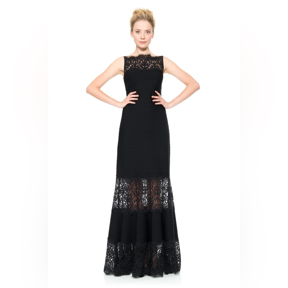 Elegant Elie Tahari Black Midi Dress with Lace Detail